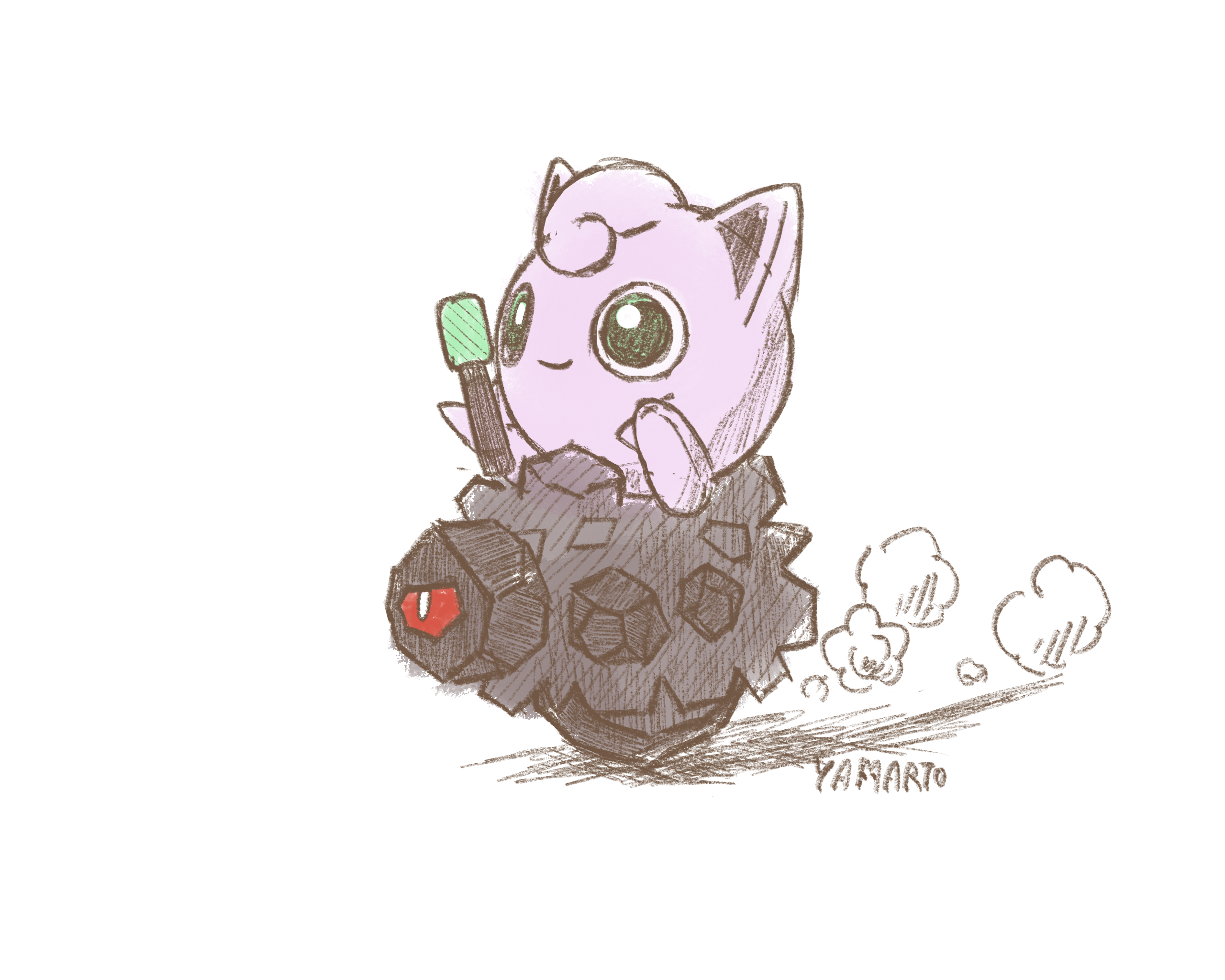 yam art o, jigglypuff, rolycoly, kirby (series), kirby super star, nintendo, pokemon, commentary request, highres, artist name, closed mouth, gen 1 pokemon, gen 8 pokemon, green eyes, holding, no humans, one-eyed, parody, pokemon (creature), pokemon focus, riding, riding pokemon, simple background, sitting, smile, white background