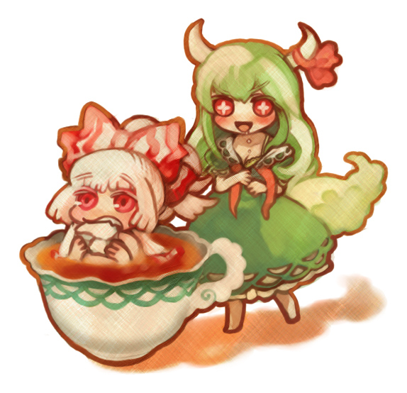 ruto (petatann), ex-keine, fujiwara no mokou, kamishirasawa keine, touhou, bad id, bad pixiv id, + +, 2girls, barefoot, caved (touhou), chibi, cup, female focus, in container, in cup, mini person, minigirl, multiple girls, tea