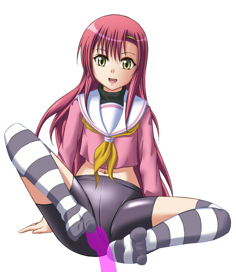 kinpira, katsura hinagiku, hayate no gotoku!, striped legwear, 00s, bike shorts, feet, footjob, footjob with legwear, kneehighs, long hair, penis, pink hair, school uniform, socks, striped clothes, striped thighhighs, thighhighs, yellow eyes