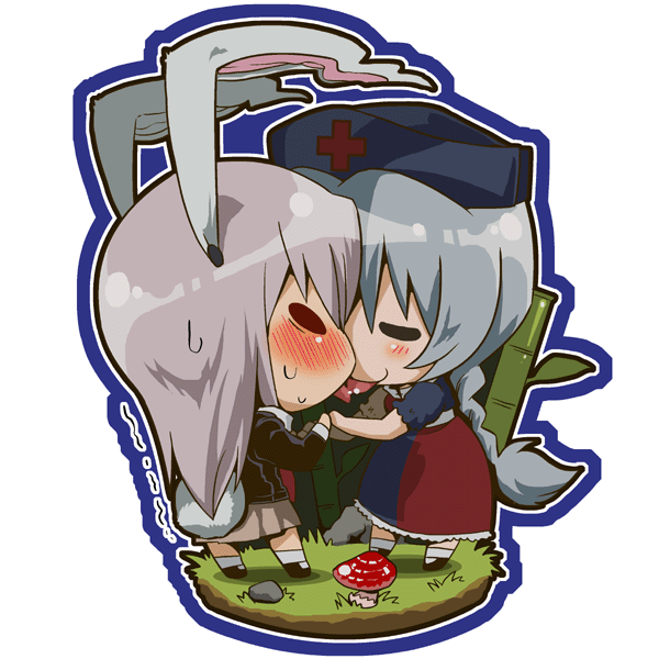 bon, bon (rump), oshimasuki, reisen udongein inaba, yagokoro eirin, touhou, silver hair, 2girls, animal ears, chibi, female focus, long hair, multiple girls, purple hair, rabbit ears, tongue, yuri