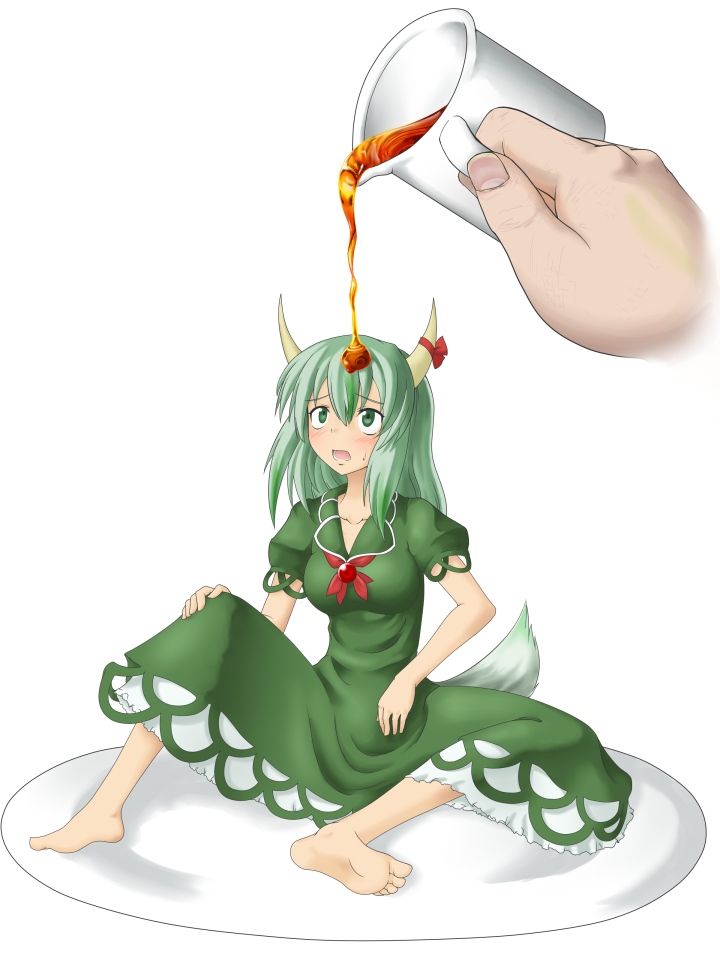 toritora, ex-keine, kamishirasawa keine, touhou, bad id, bad pixiv id, 1girl, barefoot, cup, feet, female focus, food, green eyes, green hair, horns, in food, matching hair/eyes, mini person, minigirl, saucer, soles, solo, solo focus, syrup, tail, tea, toes