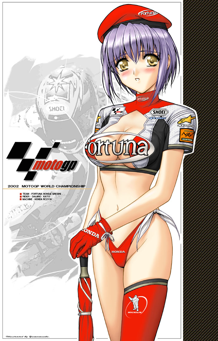 yumenosuke, moto gp, 1girl, asymmetrical clothes, beret, bikini, bikini bottom only, blush, breasts, cleavage, crop top, female focus, gloves, hat, medium breasts, race queen, single thighhigh, solo, swimsuit, thighhighs