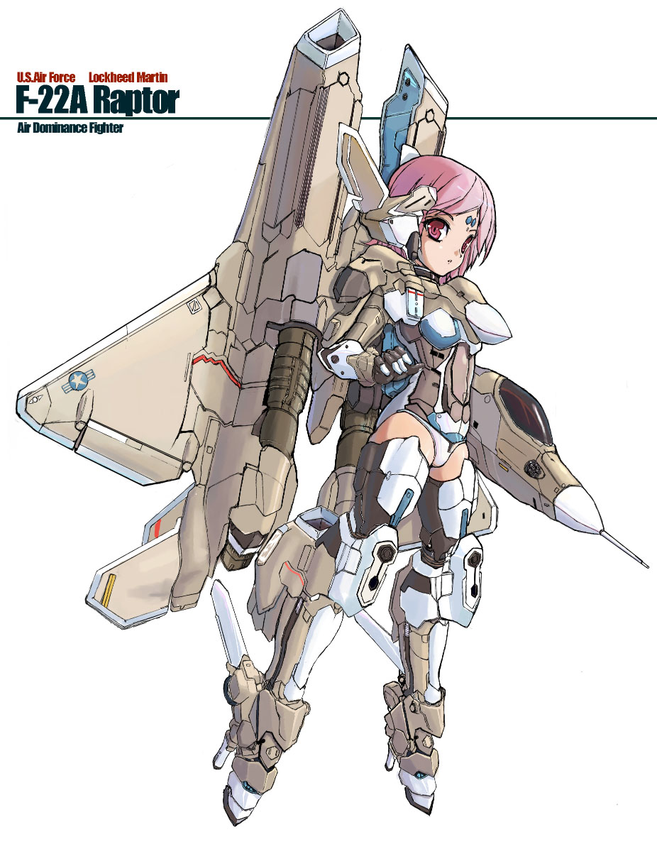 soukaa (artist), soukaa (golden sash), f-22, original, jet, 1girl, aircraft, airplane, female focus, mecha musume, military, personification, pink hair, solo, thighhighs