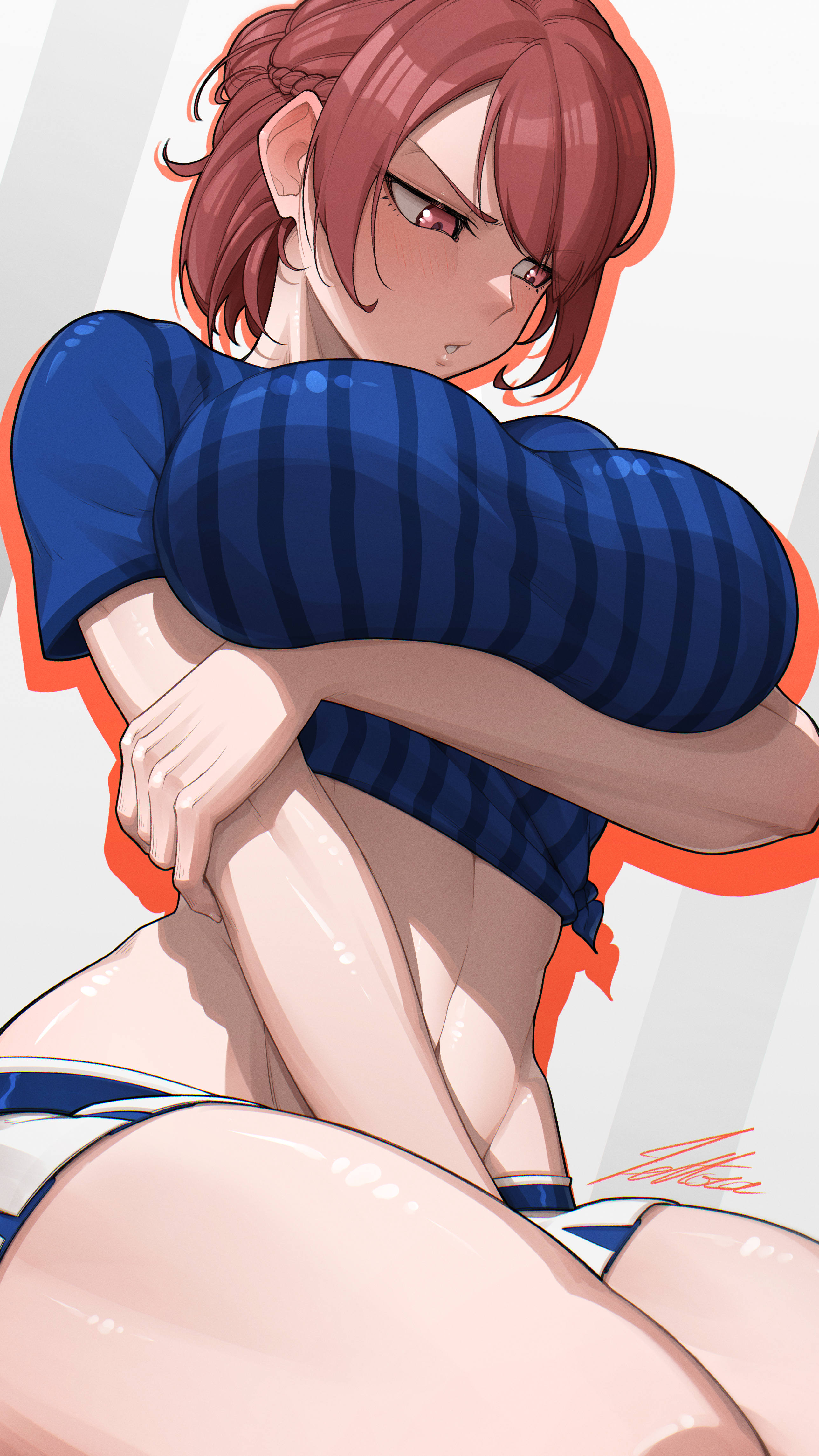 tettora, teieri anri, blue lock, 1girl, arm under breasts, artist name, breasts, female focus, large breasts, light blush, medium hair, navel, parted lips, simple background, sitting, thighs