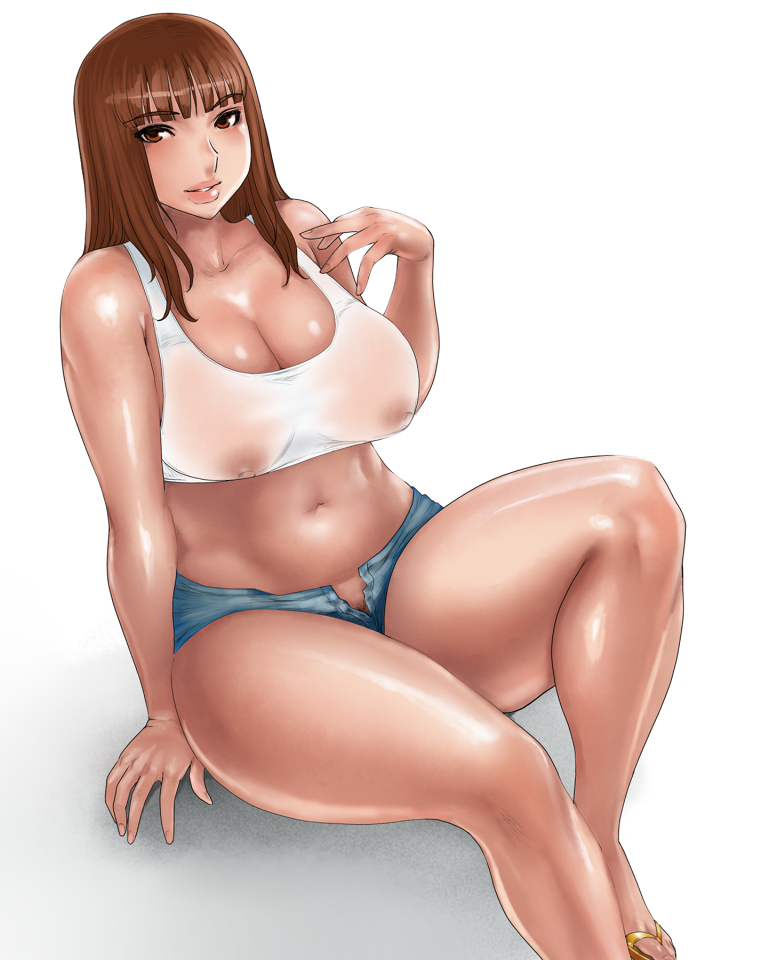 matoyama, 1girl, bare shoulders, blunt bangs, blush, breasts, brown hair, cleavage, covered erect nipples, curvy, female focus, flip-flops, huge breasts, legs, lips, long hair, midriff, nipples, no panties, open clothes, open fly, open shorts, plump, sandals, see-through clothes, shoes, shorts, simple background, solo, tank top, unzipped, zipper