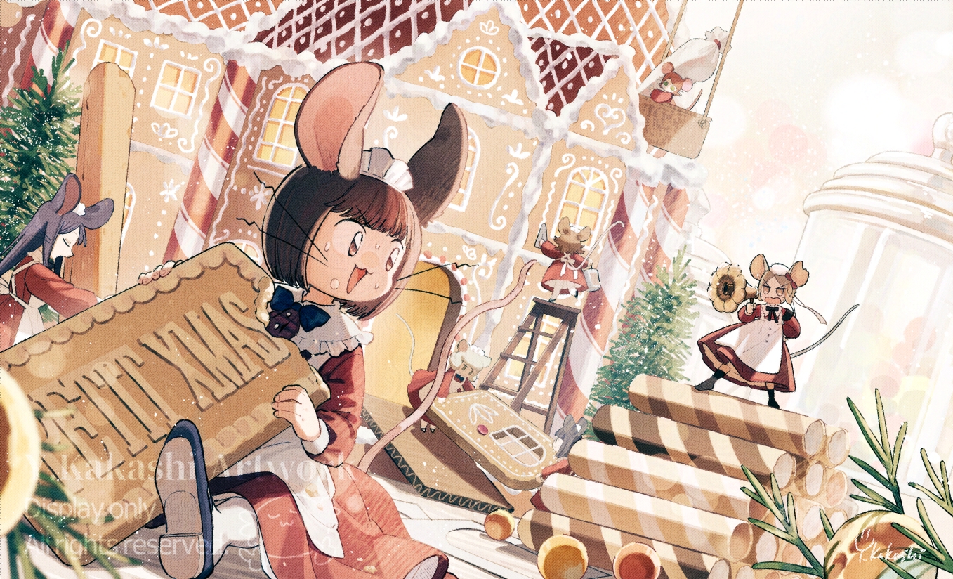 hinata (echoloveloli), original, commentary request, 6+girls, :3, animal ears, apron, basket, black hair, black shoes, black socks, blonde hair, blue bow, blue bowtie, bob cut, bow, bowtie, brown eyes, brown hair, cookie, dress, dutch angle, eating, food, frills, gingerbread house, glass jar, hand on own hip, hat, headdress, holding, holding cookie, holding food, holding megaphone, holding pastry bag, holding trowel, icing, ladder, long hair, long sleeves, looking at another, looking back, megaphone, mini person, minigirl, mouse ears, mouse girl, mouse tail, multiple girls, notched ear, open mouth, pantyhose, parted bangs, pastry bag, red dress, red hair, shoe soles, shoes, short hair, shouting, sitting, socks, standing, surprised, sweat, tail, tail raised, trowel, v-shaped eyebrows, wafer stick, watermark, whiskers, white apron, white hat, white headdress, white pantyhose