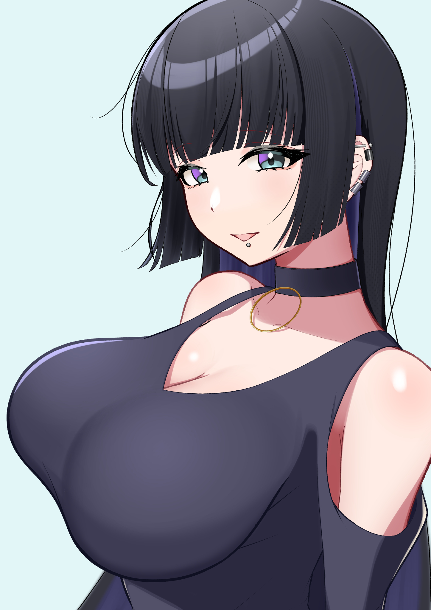 bigthirteen0301, pa-san, bocchi the rock!, highres, 1girl, aqua background, aqua eyes, arms behind back, barbell piercing, black choker, black dress, black hair, blunt bangs, breasts, choker, colored inner hair, dress, ear piercing, face piercing, goth fashion, hime cut, industrial piercing, labret piercing, large breasts, long hair, long sleeves, looking at viewer, multicolored hair, open mouth, piercing, purple hair, simple background, smile, solo, straight hair, strapless, strapless dress, two-tone hair, very long hair