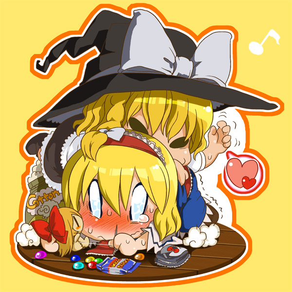 bon, bon (rump), oshimasuki, alice margatroid, kirisame marisa, shanghai doll, touhou, 2girls, blonde hair, doll, female focus, hairband, hat, multiple girls, short hair, witch, witch hat