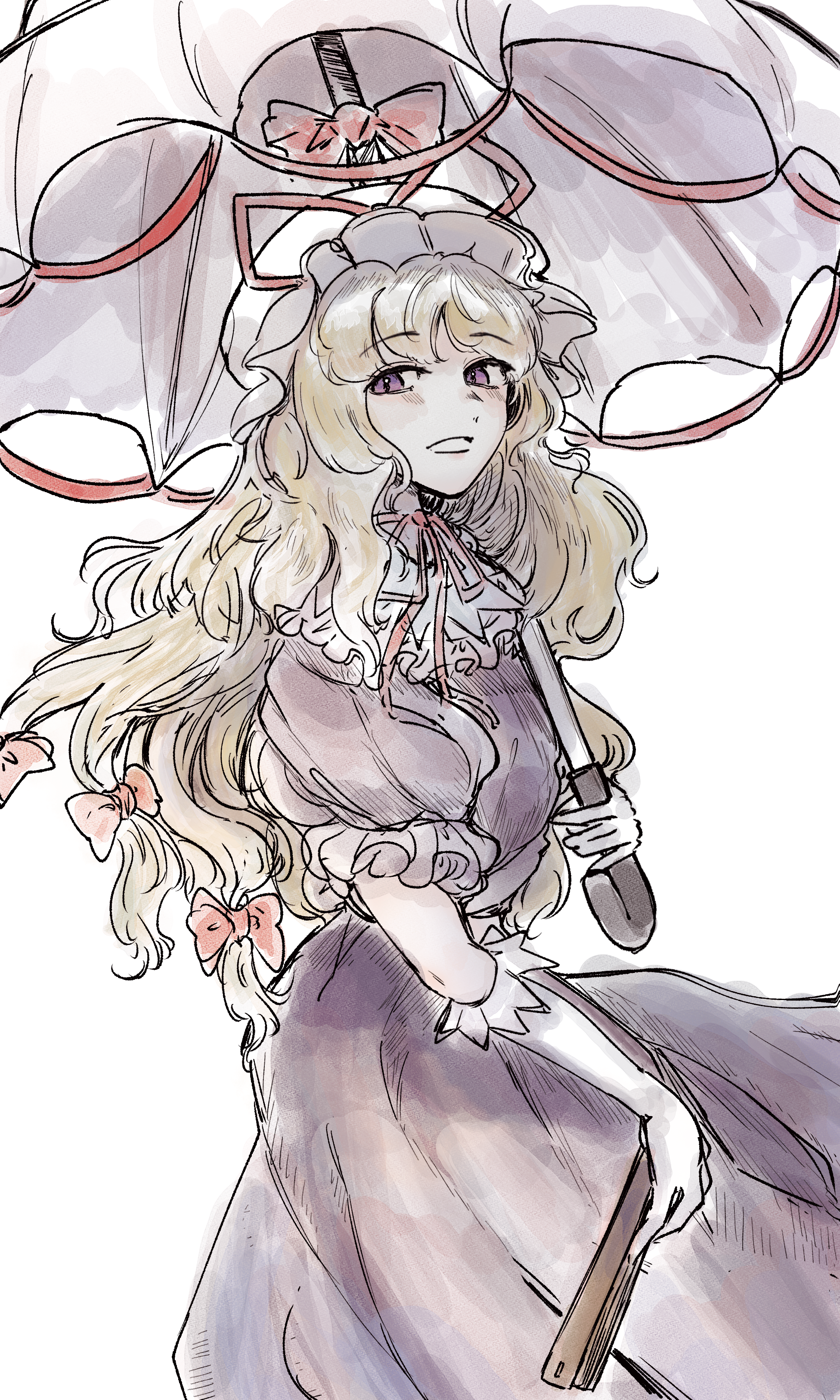 nanaironokabi, yakumo yukari, touhou, absurdres, commentary request, highres, 1girl, blonde hair, bow, cowboy shot, dress, gloves, hair bow, hat, holding, holding umbrella, long hair, looking at viewer, mob cap, multiple hair bows, open mouth, purple dress, purple eyes, red bow, simple background, smile, solo, umbrella, wavy hair, white background, white gloves, white umbrella