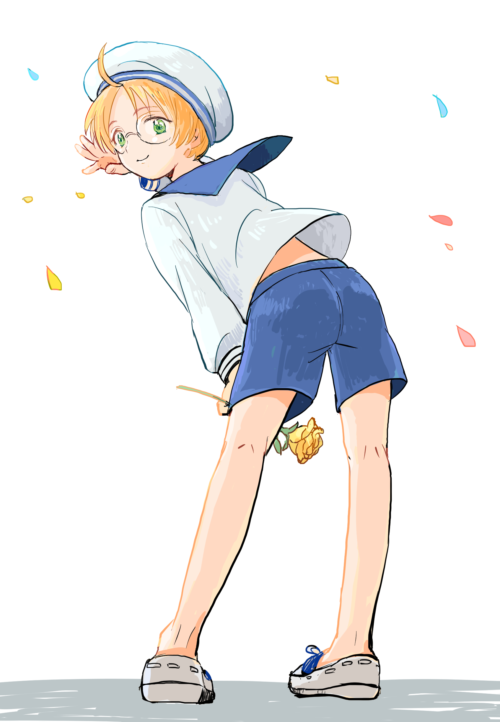 irohauta, jinnai enta, sarazanmai, absurdres, commentary request, highres, 1boy, blue shorts, flower, full body, glasses, green eyes, hat, holding, holding flower, looking at viewer, looking back, male focus, midriff peek, round eyewear, shirt, shoes, short hair, shorts, smile, solo, white background, white hat, white shirt, white shoes, yellow flower