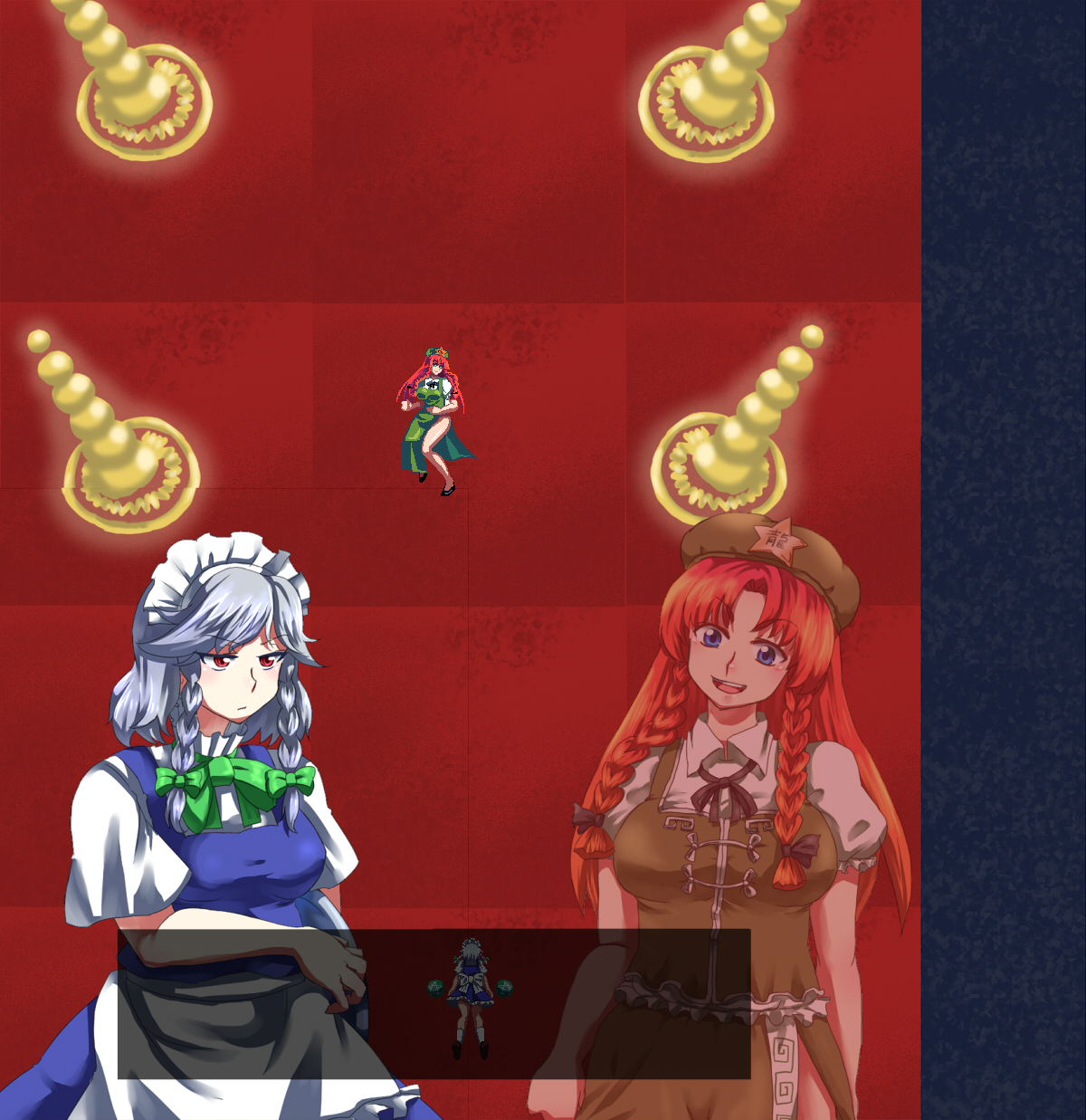 mizu mochi, hong meiling, izayoi sakuya, touhou, silver hair, bad id, bad pixiv id, highres, 2girls, blue eyes, breasts, danmaku, female focus, hairband, hat, indoors, long hair, maid, multiple girls, red eyes, red hair, ribbon, short hair