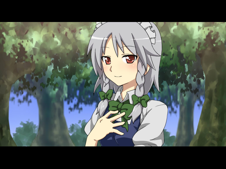 aisora, izayoi sakuya, embodiment of scarlet devil, touhou, silver hair, 1girl, braid, female focus, forest, hairband, hand on own chest, letterboxed, maid, nature, red eyes, ribbon, short hair, smile, solo, tree, twin braids, upper body