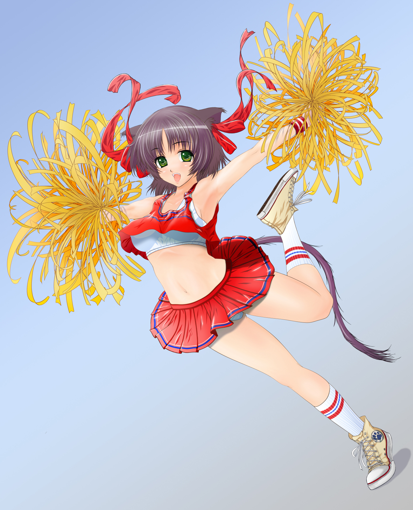 shiba (pixiv244), converse, highres, animal ears, armpits, cheerleader, crop top, green eyes, hair ribbon, kneehighs, midriff, pom pom (cheerleading), ribbon, shoes, short hair, skirt, sneakers, socks, solo, sports bra, tail