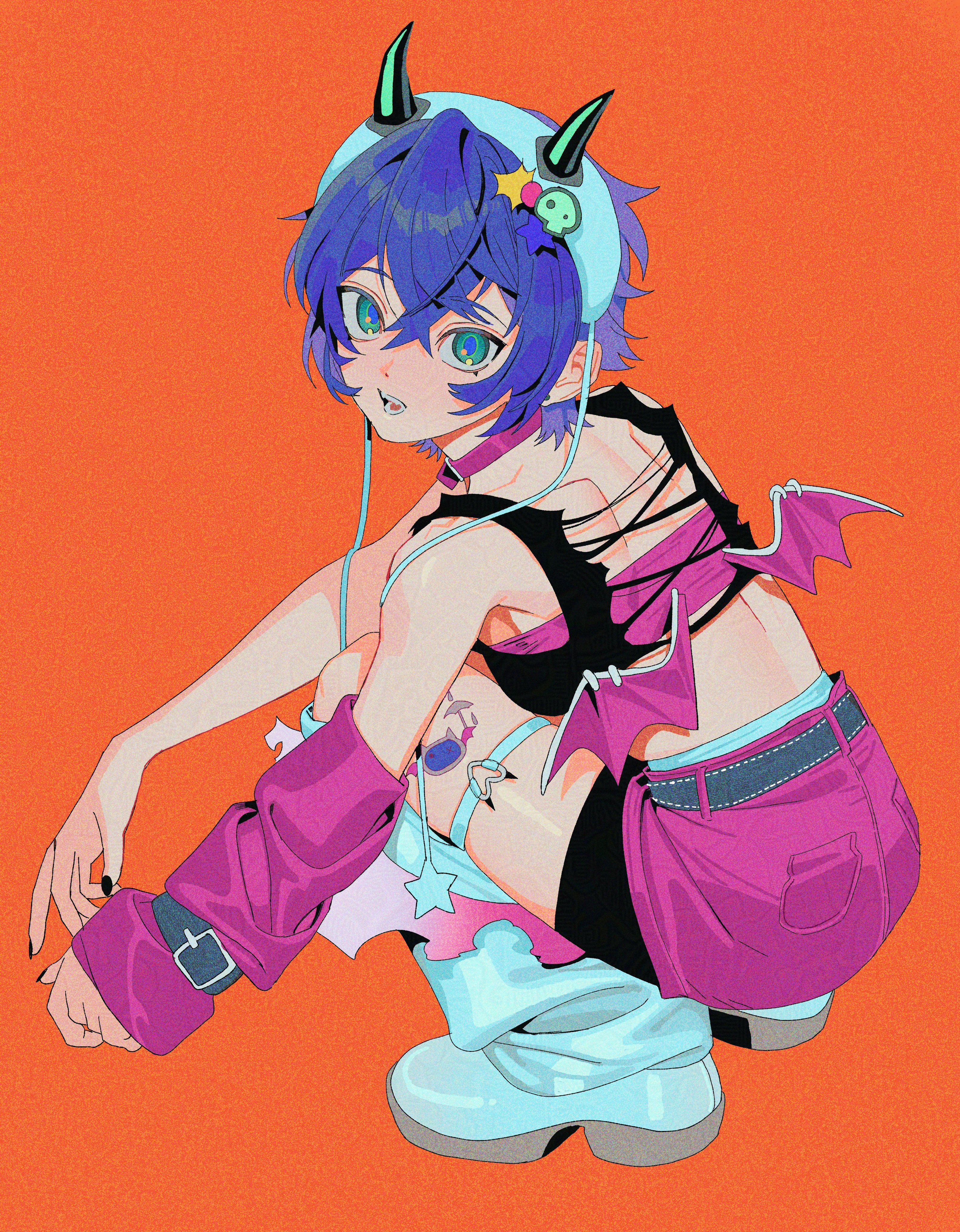 pd honey, belle (zenless zone zero), zenless zone zero, absurdres, highres, 1girl, arm warmers, back, bare shoulders, belt around waist, belted skirt, black nails, black shorts, black tank top, blue hair, choker, crop top, fake horns, fake wings, fangs, from side, green eyes, hair between eyes, head tilt, horned headwear, horns, leg warmers, looking at viewer, open mouth, orange background, purple arm warmers, purple choker, purple skirt, shoes, short hair, shorts, shoulder blades, simple background, single arm warmer, skirt, solo, squatting, tank top, teeth, thigh strap, white leg warmers, white shoes, wings