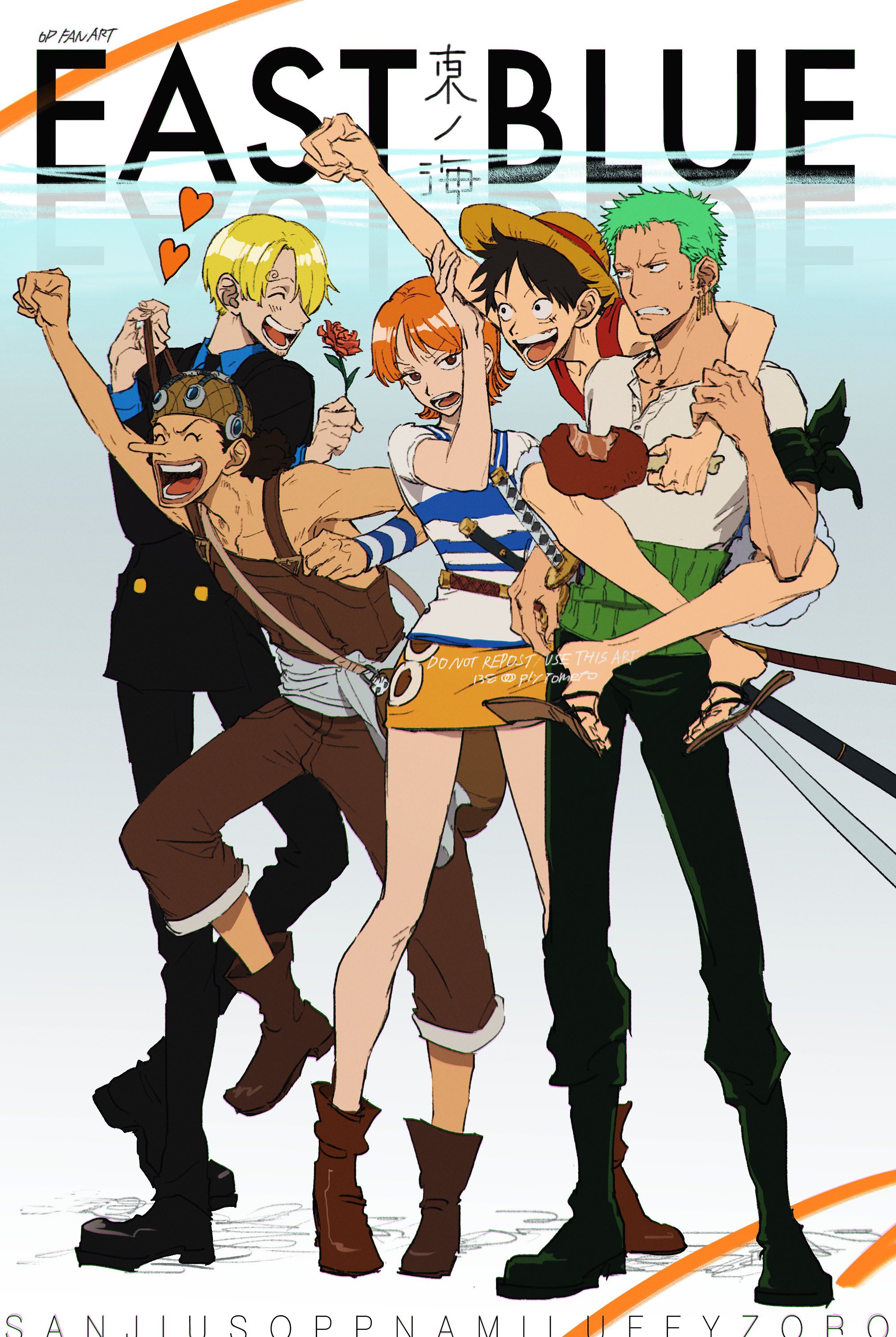 plytometo, monkey d. luffy, nami (one piece), roronoa zoro, sanji (one piece), usopp, one piece, absurdres, commentary request, highres, 1girl, 4boys, arm up, bare shoulders, black boots, black hair, black jacket, black necktie, black pants, blonde hair, blue shirt, boned meat, boots, brown boots, brown eyes, brown hat, brown overalls, carrying, character name, clenched hand, closed eyes, collarbone, collared shirt, curly eyebrows, earrings, facial scar, flower, food, formal clothes, full body, goggles, goggles on headwear, green eyes, hand on another's arm, hat, heart, holding, holding flower, holding food, jacket, jewelry, katana, long sleeves, meat, miniskirt, multiple boys, necktie, open mouth, orange hair, overalls, pants, parted lips, piggyback, red shirt, sandals, scar, scar on cheek, scar on face, shirt, short hair, short sleeves, shorts, skirt, sleeveless, sleeveless shirt, standing, standing on one leg, straw hat, straw hat pirates, striped clothes, striped shirt, suit, sweatdrop, sword, two-tone shirt, v-neck, weapon, white shirt, yellow skirt
