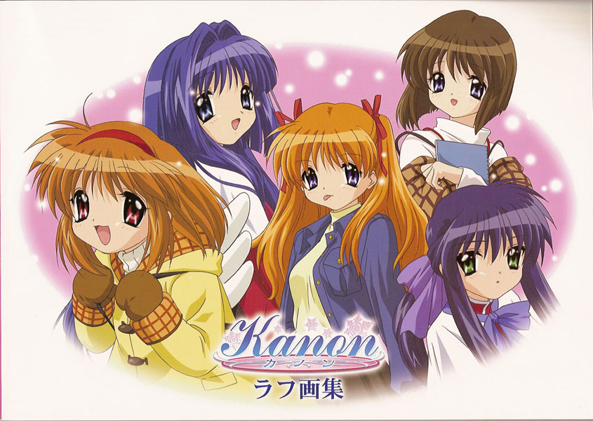 ikeda kazumi, kawasumi mai, minase nayuki, misaka shiori, sawatari makoto, tsukimiya ayu, kanon, 5girls, :3, black hair, blonde hair, blue eyes, blue hair, gloves, green eyes, hairband, happy, long hair, mittens, multiple girls, orange hair, red eyes, ribbon, serious, short hair, smile, twintails, wings