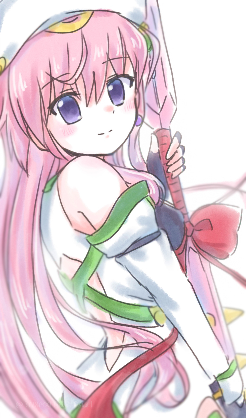 kanzaki nyo, seira orgel, blood tune, chaos;head, science adventure, highres, 1girl, bare shoulders, blush, detached sleeves, from side, hair ornament, hat, long hair, looking at viewer, pink hair, purple eyes, samurai condenser, simple background, sitting, smile, solo, very long hair, white background