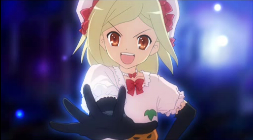 lambdadelta, umineko no naku koro ni, 00s, beret, blonde hair, dress, elbow gloves, gem, gloves, hat, orange eyes, pearl (gemstone), pink dress, ribbon, short hair, smile, solo