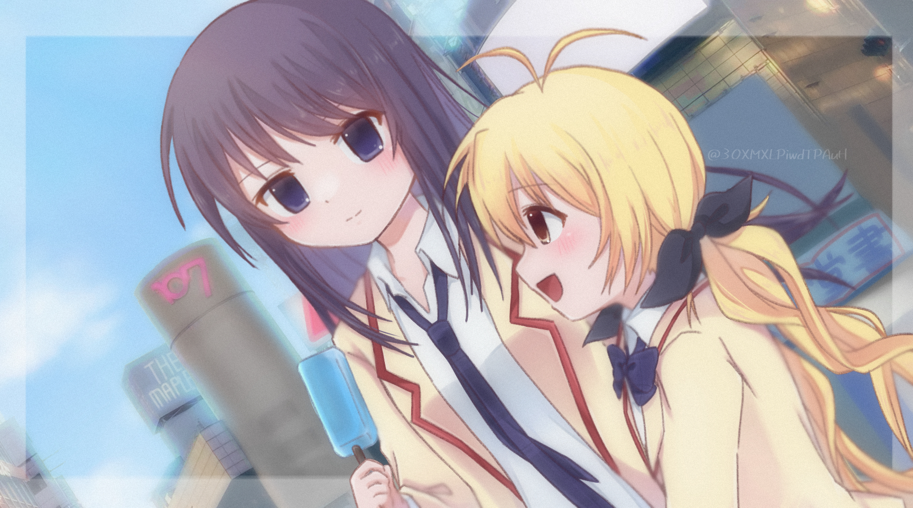 kanzaki nyo, aoi sena, orihara kozue, chaos;head, science adventure, highres, 2girls, black hair, blazer, blonde hair, bow, bowtie, brown jacket, jacket, lapels, long sleeves, loose necktie, multiple girls, necktie, notched lapels, open clothes, open collar, open jacket, plaid bow, plaid bowtie, plaid clothes, plaid necktie, purple bow, purple bowtie, purple necktie, red trim, school uniform, suimei academy school uniform, watermark