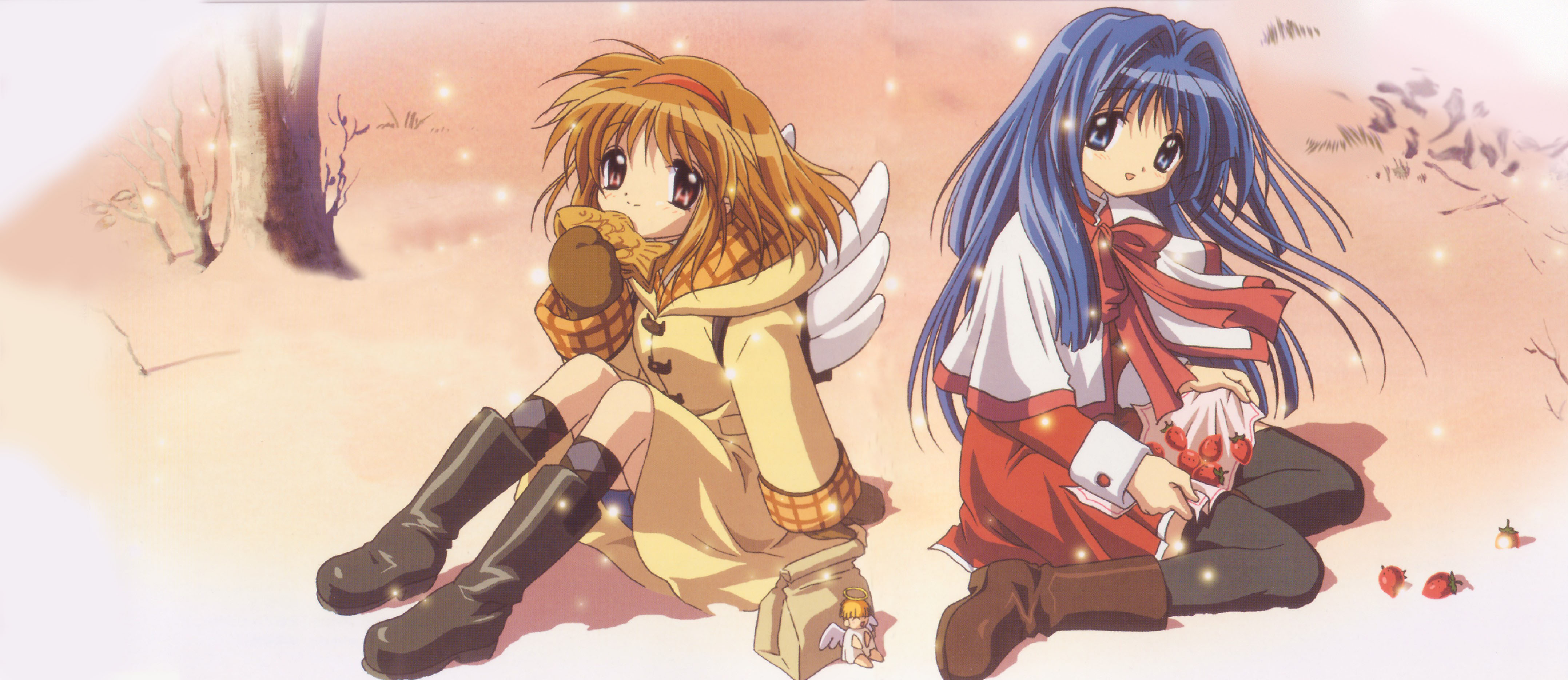 ikeda kazumi, minase nayuki, tsukimiya ayu, kanon, absurdres, highres, 2girls, angel, angel wings, blue eyes, blue hair, doll, food, fruit, happy, long hair, multiple girls, orange hair, red eyes, red skirt, ribbon, school uniform, short hair, sitting, skirt, smile, snow, strawberry, taiyaki, thighhighs, wagashi, wings