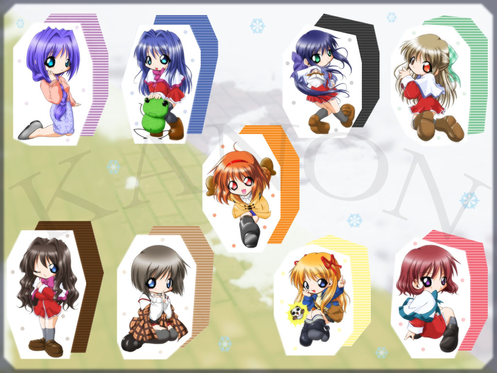 amano mishio, kawasumi mai, kurata sayuri, minase akiko, minase nayuki, misaka kaori, misaka shiori, sawatari makoto, tsukimiya ayu, kanon, 6+girls, bag, black hair, blonde hair, blue eyes, blue hair, chibi, everyone, green eyes, mittens, multiple girls, orange hair, pink hair, purple eyes, red eyes, ribbon, school uniform, stuffed animal, stuffed toy, thighhighs