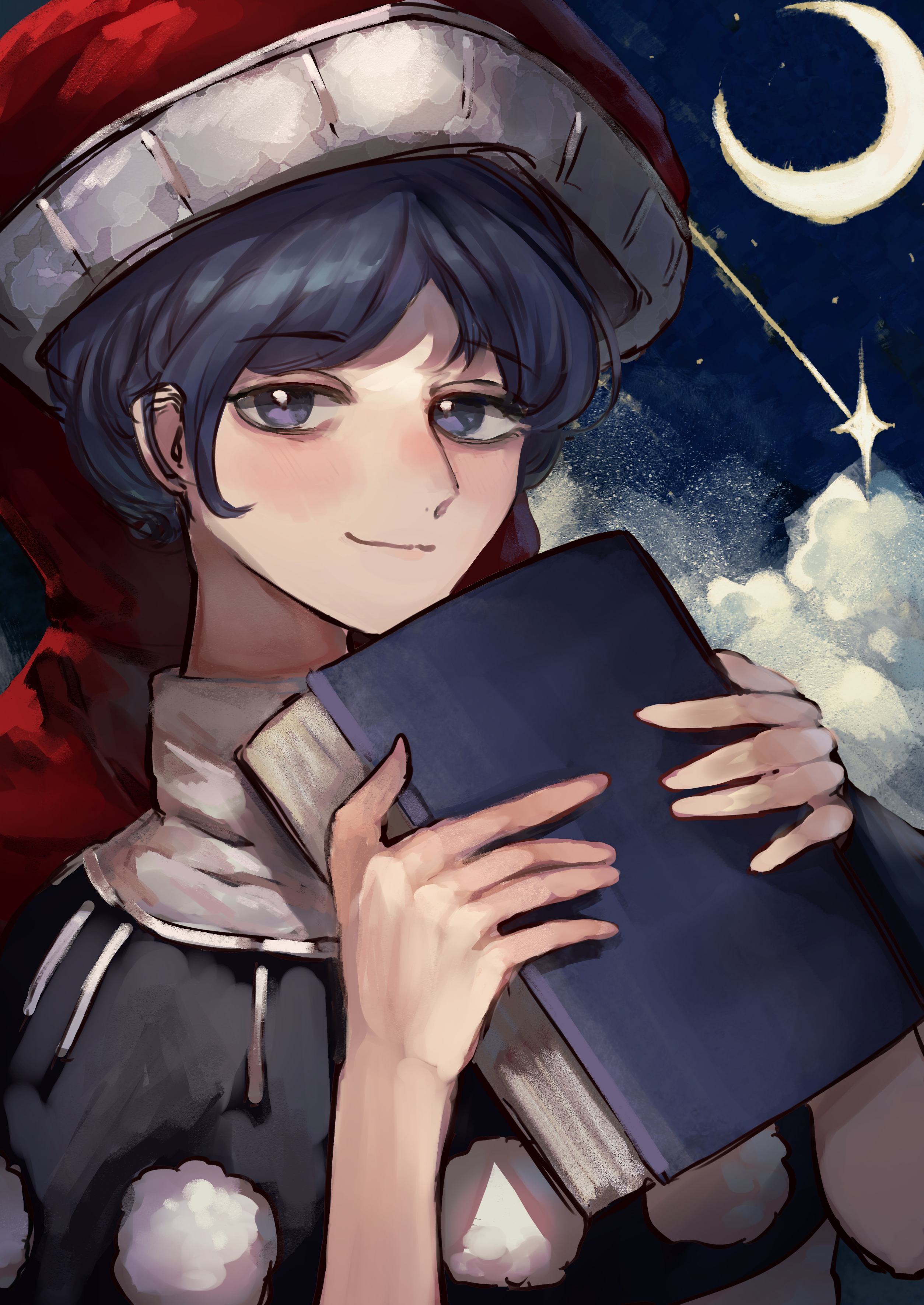 nanaironokabi, doremy sweet, touhou, absurdres, commentary request, highres, 1girl, black capelet, blue eyes, blue hair, book, capelet, closed mouth, cloud, crescent moon, hat, holding, holding book, looking at viewer, moon, nightcap, pom pom (clothes), red hat, short hair, smile, solo, upper body
