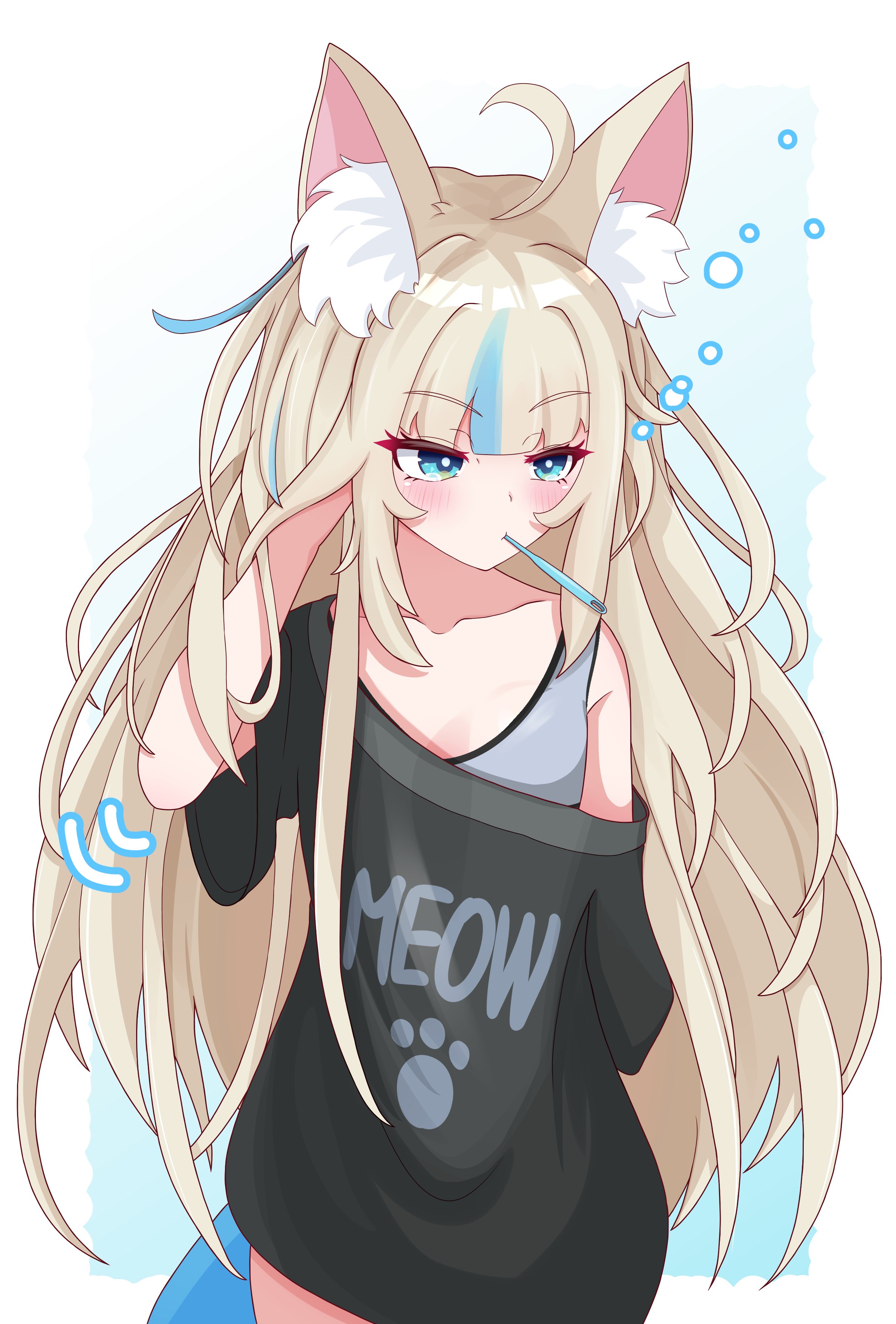 rei (2812q), sameko saba, indie virtual youtuber, absurdres, highres, 1girl, animal ear fluff, animal ears, blonde hair, blue eyes, blush, bra, breasts, brushing teeth, cat ears, clothes writing, english text, eyelashes, fins, fish tail, light rays, long hair, long shirt, messy hair, motion lines, multicolored hair, short sleeves, simple background, small breasts, sports bra, sunbeam, sunlight, tail, toothbrush, underwear, very long hair, virtual youtuber