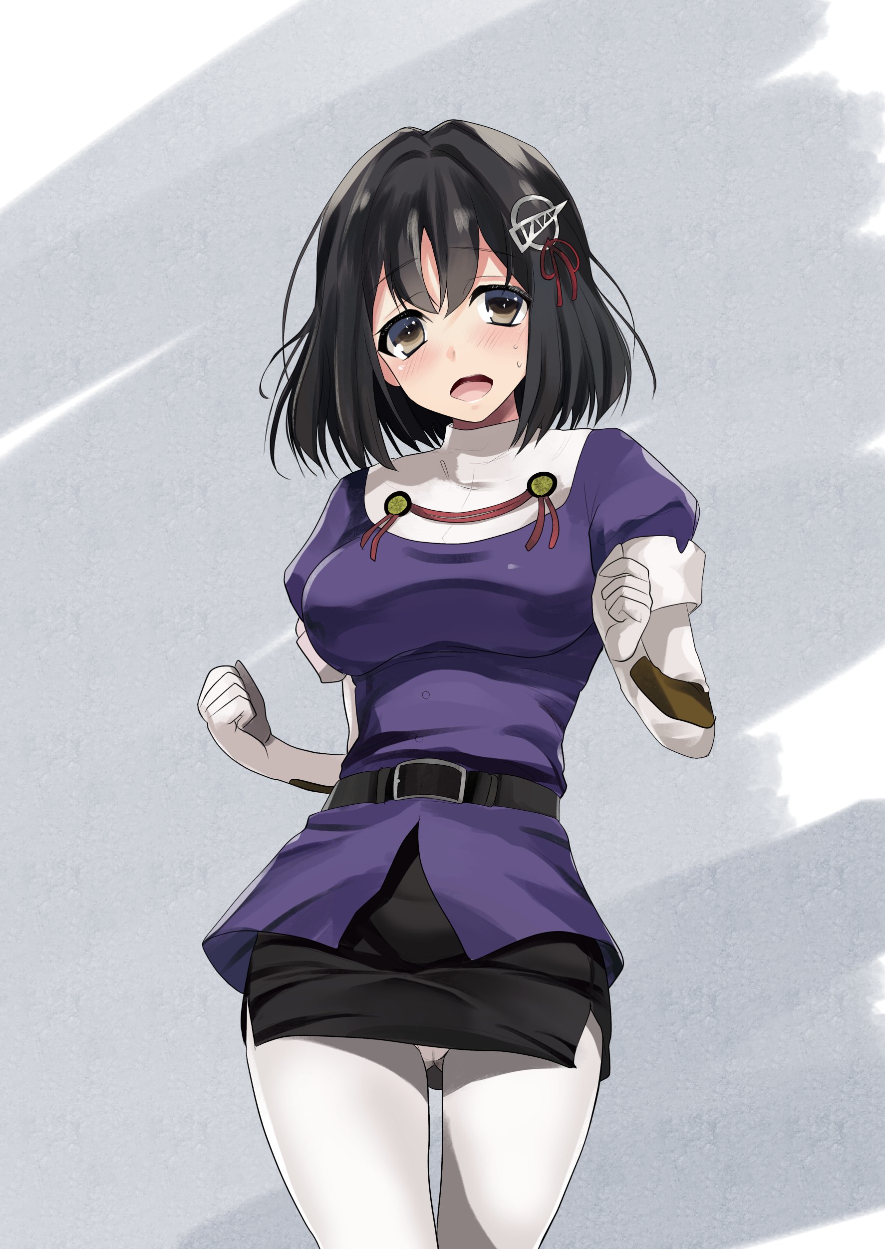 airport96, haguro (kancolle), kantai collection, absurdres, highres, 1girl, black hair, blush, breasts, brown eyes, cameltoe, cowboy shot, elbow gloves, gloves, grey background, hair ornament, jacket, looking at viewer, military uniform, open mouth, panties, panties under pantyhose, pantyhose, pencil skirt, purple jacket, short hair, short sleeves, skirt, solo, underwear, white gloves, white pantyhose