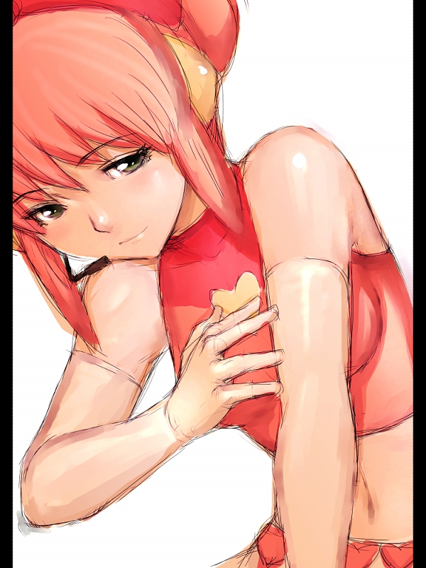 fumio (rsqkr), my sunshine, battle spirits, battle spirits: shounen toppa bashin, 00s, 1girl, bare shoulders, belt, bow, breasts, closed mouth, crop top, detached sleeves, dutch angle, ear covers, elbow gloves, female focus, from side, gloves, grey eyes, hair between eyes, hair bow, hair bun, half-closed eyes, halterneck, headset, heart, heart print, idol, leaning forward, light smile, looking at viewer, midriff, navel, pillarboxed, pink hair, red hair, short hair, sidelocks, simple background, single hair bun, sketch, skirt, small breasts, smile, solo, turtleneck, upper body, white background, white gloves