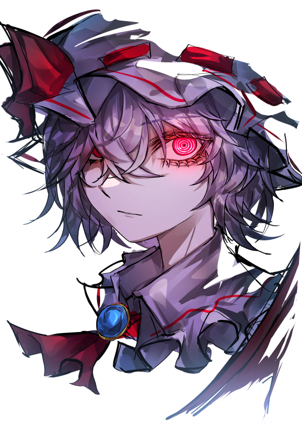 33 gaff, remilia scarlet, touhou, 1girl, bat wings, blue gemstone, brooch, collared shirt, expressionless, frilled hat, frills, gem, hair between eyes, hat, hat ribbon, jewelry, looking at viewer, mob cap, parted lips, pink shirt, red eyes, red ribbon, ribbon, shirt, simple background, solo, white background, white hat, wings