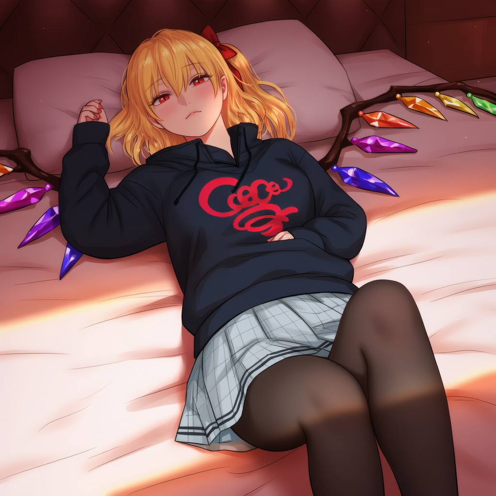 flandre scarlet, touhou, 1girl, aged up, aizawa midori, alternate costume, black pantyhose, black sweater, blonde hair, crystal wings, grey skirt, looking at viewer, lying, miniskirt, on back, on bed, one side up, pantyhose, plaid clothes, plaid skirt, pleated skirt, red eyes, skirt, solo, sweater, wings