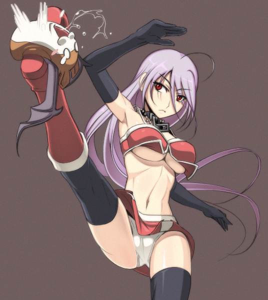 caryo, nanashino, akashiya moka, inner moka, nazo koumori, rosario+vampire, light purple hair, 00s, 1girl, breasts, elbow gloves, female focus, gloves, high kick, kicking, long hair, panties, red eyes, skirt, solo, thighhighs, underboob, underwear, very long hair, white panties
