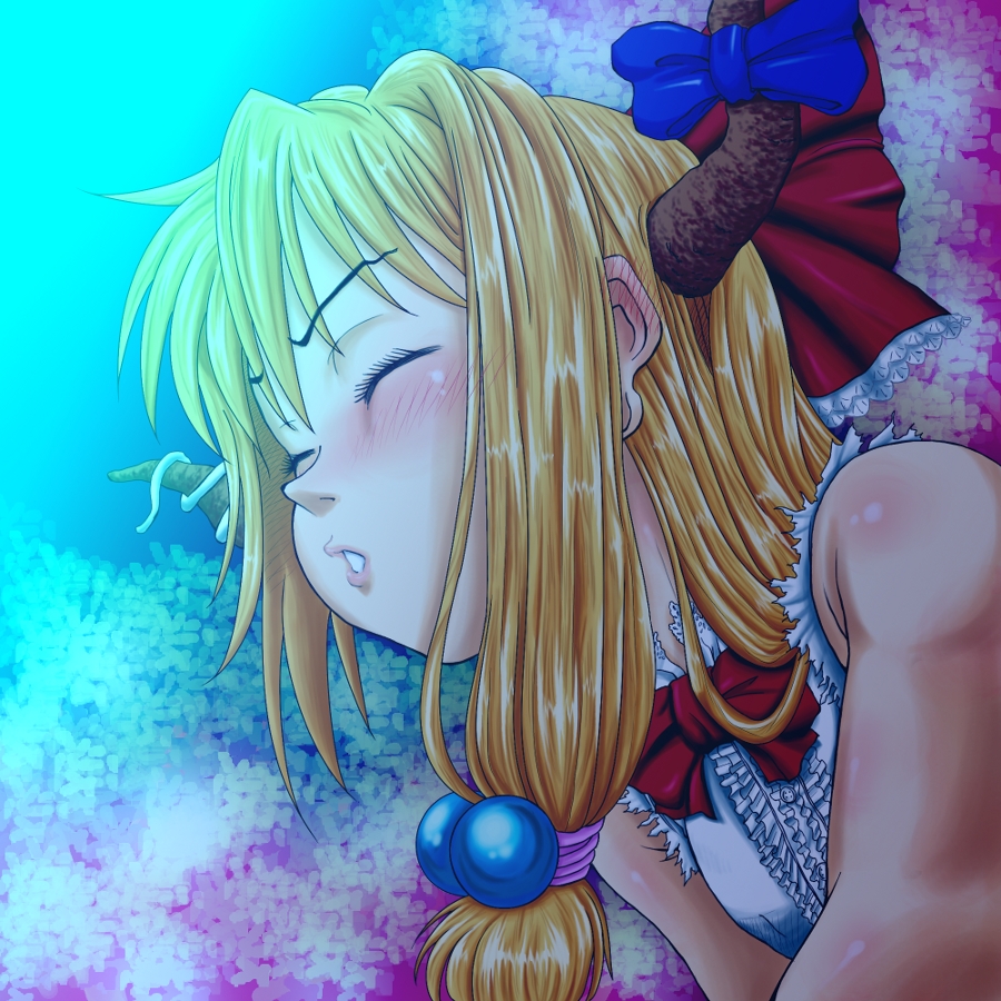 shiba meiji, ibuki suika, touhou, commentary request, 1girl, blonde hair, blue background, blue bow, blush, bow, bowtie, brown horns, center frills, cherry blossoms, closed eyes, ear blush, frills, hair bobbles, hair ornament, horn bow, horn ornament, horns, long hair, parted lips, red bow, red bowtie, shirt, sidelocks, sleeveless, sleeveless shirt, solo, upper body, white shirt