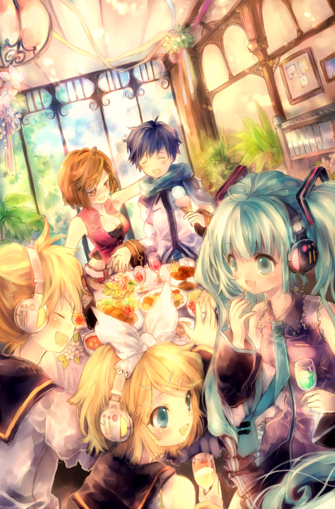 onineko, hatsune miku, kagamine len, kagamine rin, kaito (vocaloid), meiko (vocaloid), vocaloid, bad id, bad pixiv id, 2boys, 3girls, aqua eyes, aqua hair, aqua nails, arm around neck, blonde hair, blue hair, blue scarf, bow, breasts, brother and sister, brown eyes, brown hair, cleavage, closed eyes, curtains, detached sleeves, drunk, dutch angle, fang, food, glass, hair bow, hair ornament, hairclip, headphones, hug, ice cream, indoors, laughing, multiple boys, multiple girls, nail polish, necktie, open mouth, plant, room, scarf, short hair, siblings, sleeveless, small breasts, smile, twins, twintails, window