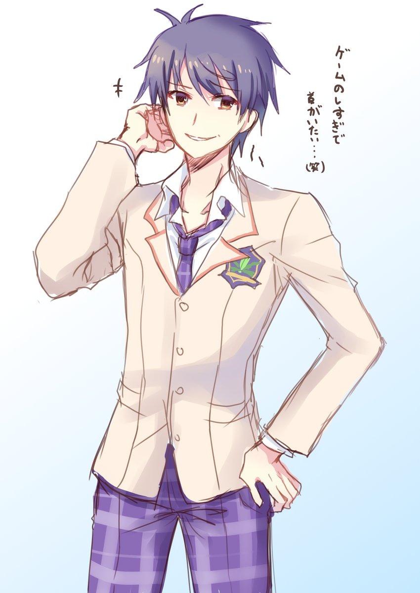 nishijou myu, nishijou takumi, chaos;child, science adventure, highres, translation request, 1boy, blazer, blue hair, brown eyes, brown jacket, collared shirt, dress shirt, grin, jacket, lapels, loose necktie, male focus, necktie, notched lapels, open collar, pants, plaid clothes, plaid necktie, plaid pants, purple necktie, purple pants, school emblem, school uniform, shirt, short hair, simple background, smile, solo, suimei academy school uniform, white shirt, yellow eyes