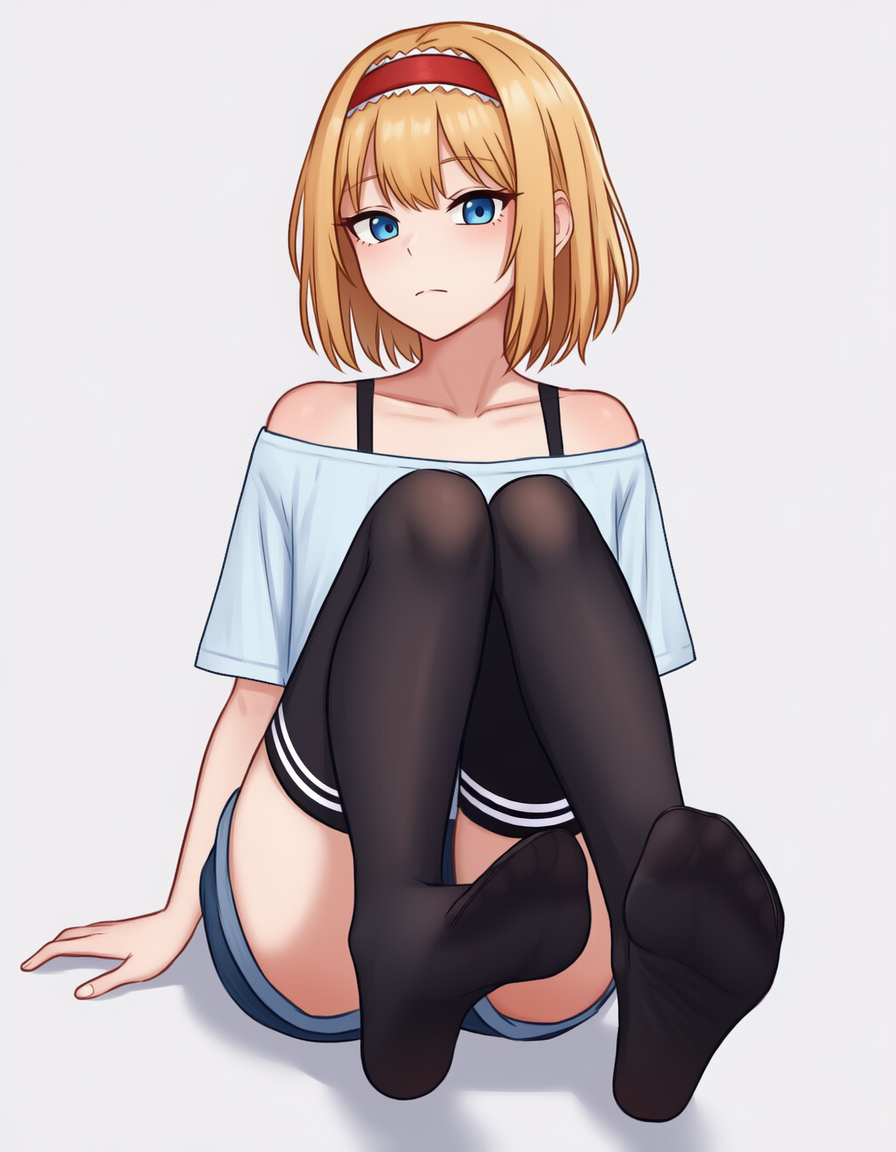 alice margatroid, touhou, 1girl, aizawa midori, alternate costume, black thighhighs, blonde hair, blue eyes, blue shorts, frilled hairband, frills, hairband, no shoes, off-shoulder shirt, off shoulder, red hairband, shirt, short hair, shorts, simple background, sitting, soles, solo, thighhighs, white background, white shirt