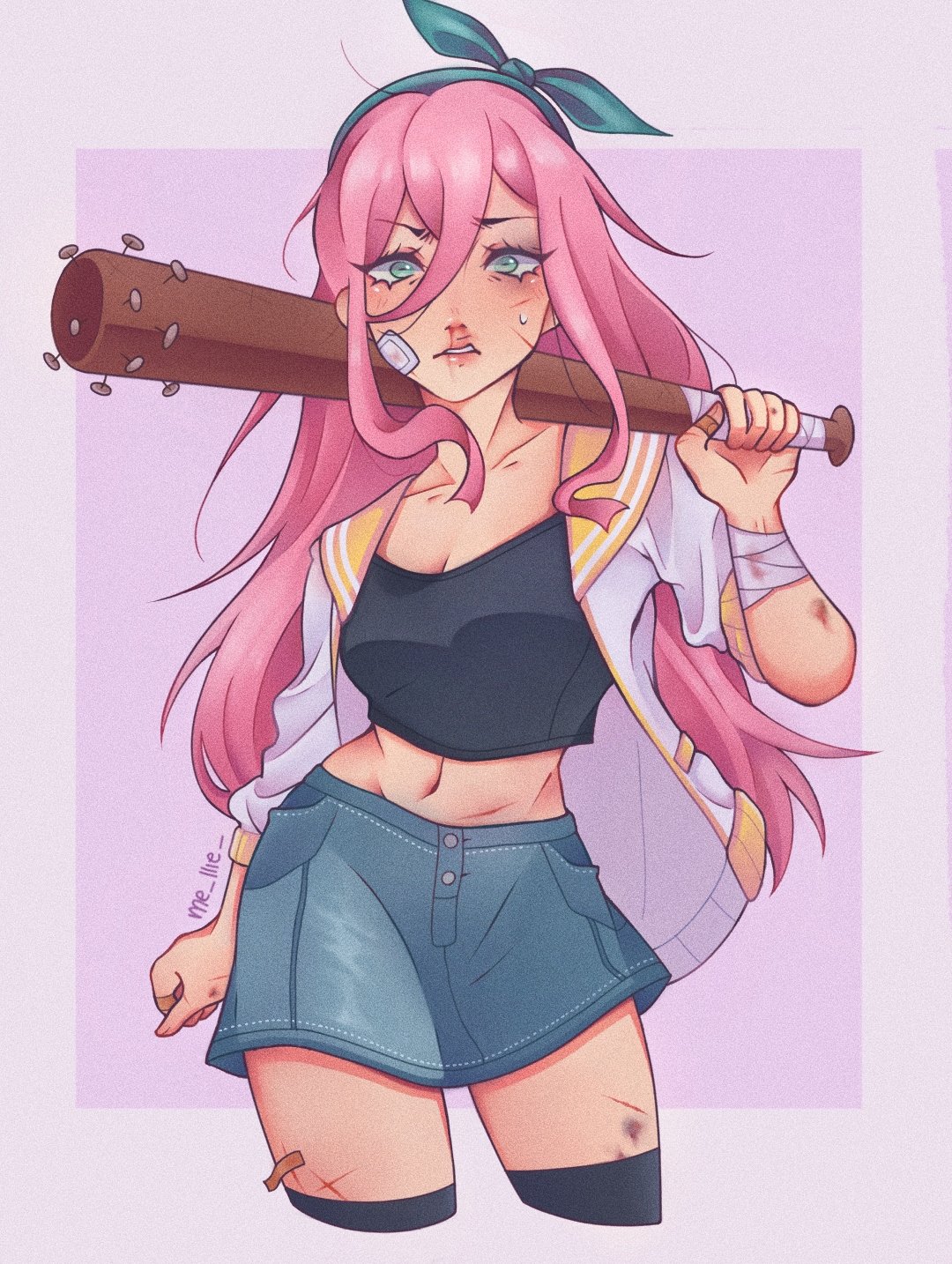 mel (melmellie), aubrey (faraway) (omori), aubrey (omori), omori, commentary, english commentary, highres, 1girl, aqua eyes, arm at side, bandage on face, bandaged wrist, bandages, bandaid, bandaid on finger, bandaid on hand, baseball bat, black shirt, black socks, bleeding, blood, blue hairband, blue skirt, border, bow hairband, bruise, bruise on arm, bruise on leg, bruised eye, collarbone, confused, crop top, cropped legs, cuts, denim, denim skirt, english text, film grain, hair between eyes, hairband, holding, holding baseball bat, injury, jacket, looking at viewer, nail (hardware), nail bat, navel, nosebleed, open clothes, open jacket, pink background, pink hair, sailor collar, scrape, shirt, short sleeves, skirt, socks, solo, square, sweat, sweatdrop, teeth, twitter username, two-tone background, upper body, upper teeth only, white border, white jacket, yellow sailor collar