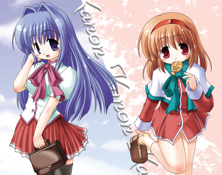 minase nayuki, tsukimiya ayu, kanon, 2girls, alternate costume, bag, blue eyes, blue hair, blush, food, happy, long hair, multiple girls, orange hair, red eyes, red skirt, school bag, school uniform, short hair, skirt, smile, taiyaki, thighhighs, wagashi