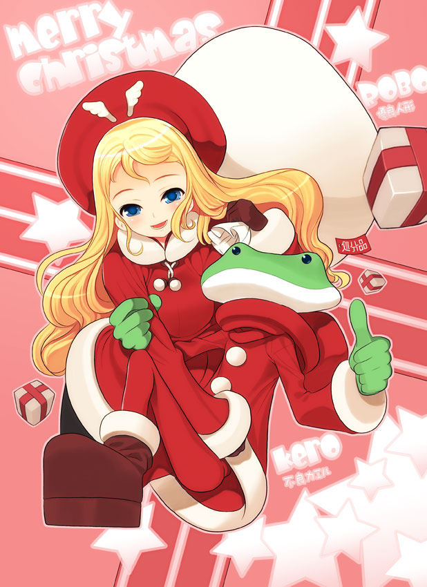 sango (53box), original, 1girl, blonde hair, blue eyes, christmas, female focus, frog, gift, hat, long hair, sack, santa costume, solo