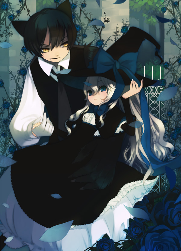 puti devil, original, animal ears, black hair, blonde hair, blue eyes, bow, cat ears, claws, dress, fang, flower, gloves, hat, holding hands, necktie, petals, rose, single glove, sitting, sitting on lap, sitting on person, slit pupils, white hair, witch hat, yellow eyes