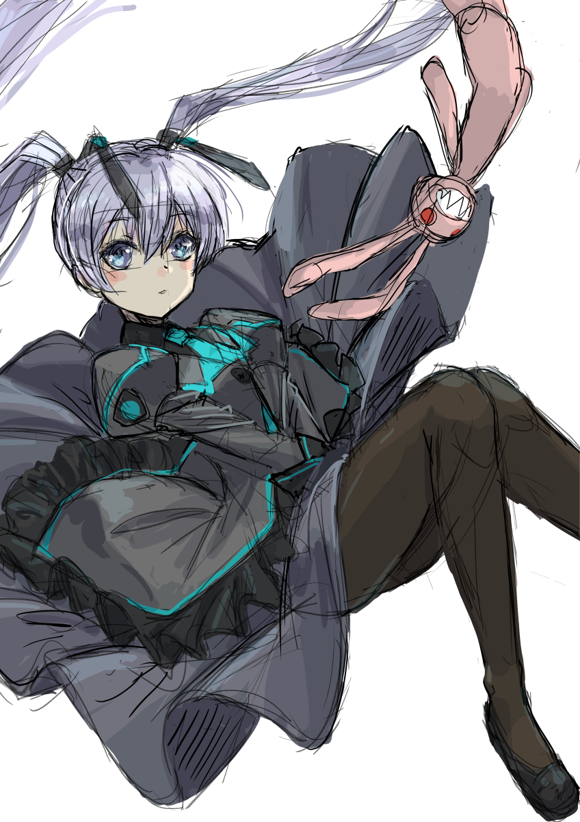 jun (rellik & redrum), yashiro kasumi, muv-luv, muv-luv alternative, highres, 1girl, blue eyes, blue necktie, blush, brown pantyhose, clothes lift, dress, frilled skirt, frills, grey dress, grey hair, grey jacket, jacket, juliet sleeves, long hair, long sleeves, looking at viewer, necktie, pantyhose, puffy sleeves, skirt, skirt lift, solo, stuffed animal, stuffed rabbit, stuffed toy, twintails, un uniform (muv-luv), united nations, very long hair, wind, wind lift