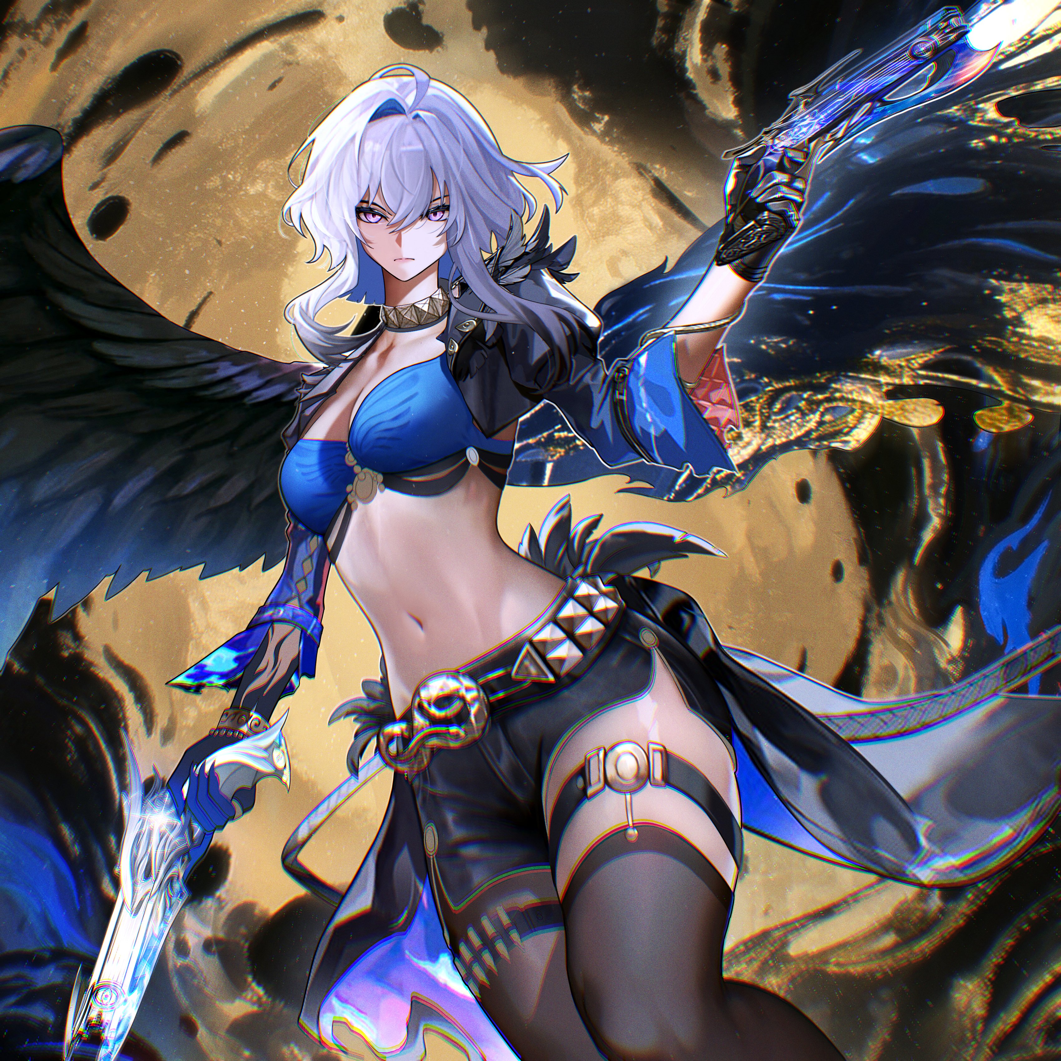 nervi fd, galbrena (wuthering waves), wuthering waves, absurdres, commentary, english commentary, highres, 1girl, ammunition belt, belt, black jacket, blue bra, blue hands, bra, breasts, closed mouth, criss-cross straps, cropped jacket, gun, hair intakes, holding, holding gun, holding weapon, jacket, large breasts, looking at viewer, navel, pantyhose, purple eyes, short shorts, shorts, simple background, single leg pantyhose, solo, thigh strap, toned, underwear, very long fingernails, weapon, white hair, wide sleeves