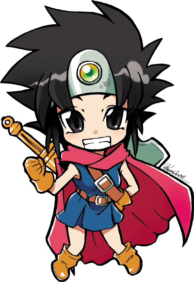 roto (dq3), chunsoft, dragon quest, dragon quest iii, enix, bad id, bad pixiv id, 1girl, :d, ankle boots, black eyes, black hair, blue dress, blush, boots, brown boots, brown gloves, cape, chibi, clenched hand, dress, female focus, forehead protector, full body, gloves, grin, hand on own hip, looking at viewer, no socks, open mouth, red cape, shield, short hair, signature, sleeveless, sleeveless dress, smile, solo, standing, teeth, weapon, weapon on back