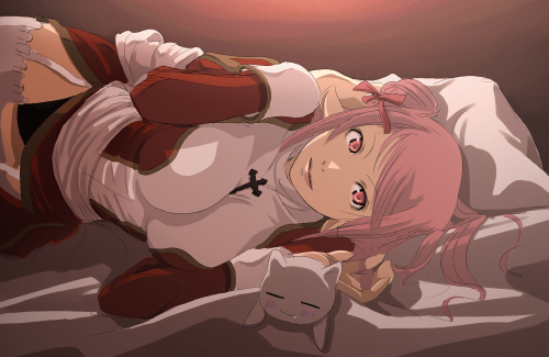 mr.romance, high priest (ragnarok online), ragnarok online, light, lowres, cat, cross, lying, panties, pink eyes, pink hair, pointy ears, smile, solo, thighhighs, underwear