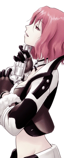 mr.romance, gunslinger (ragnarok online), ragnarok online, 1girl, female focus, gun, gun to head, handgun, holding, holding gun, holding weapon, midriff, pink hair, revolver, short hair, solo, suicide, weapon