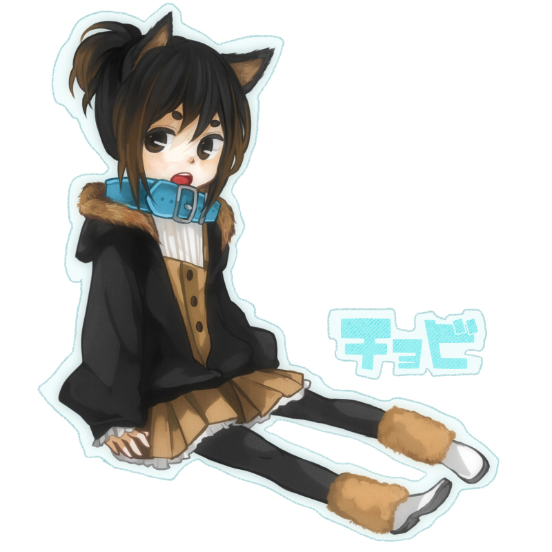 tama (songe), chobi (pixiv), pixiv, 1girl, animal ears, brown eyes, brown hair, collar, female focus, pantyhose, personification, short hair, sitting, skirt, solo