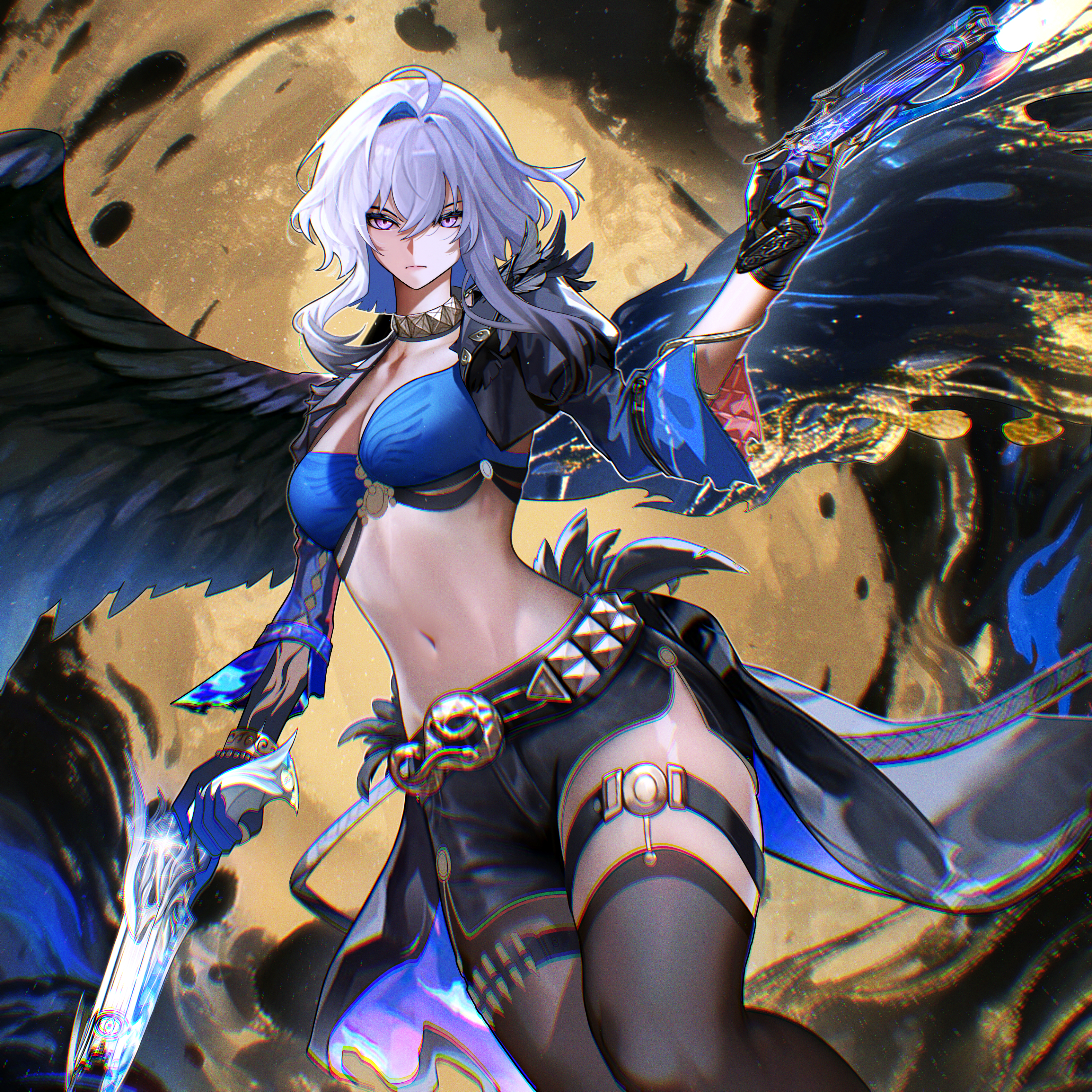 nervi fd, galbrena (wuthering waves), wuthering waves, absurdres, commentary, english commentary, highres, 1girl, ammunition belt, belt, black jacket, blue bra, blue hands, bra, breasts, closed mouth, criss-cross straps, cropped jacket, gun, hair intakes, holding, holding gun, holding weapon, jacket, large breasts, looking at viewer, navel, pantyhose, purple eyes, short shorts, shorts, simple background, single leg pantyhose, solo, thigh strap, toned, underwear, very long fingernails, weapon, white hair, wide sleeves