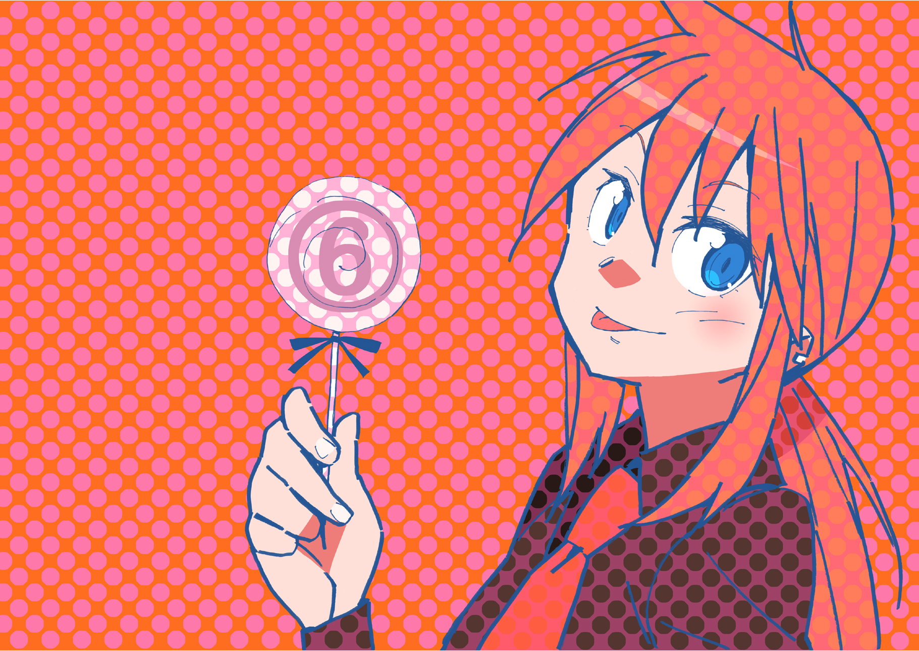katou haruaki, kageyama torako, hyakko, bad id, bad pixiv id, highres, official art, official wallpaper, 00s, 1girl, :p, blue eyes, candy, female focus, food, lollipop, long hair, orange hair, shaped lollipop, solo, tongue, tongue out
