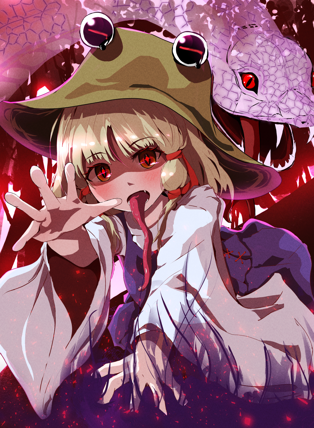 blon, mishaguji, moriya suwako, touhou, highres, 1girl, brown hat, hat, hogihogi3ta, long tongue, magic, purple skirt, purple vest, red eyes, shirt, skirt, snake, tongue, very long tongue, vest, white shirt, wide sleeves