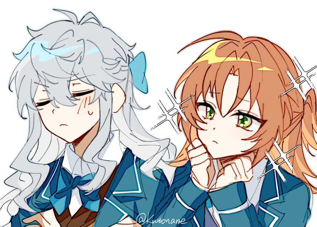 sena izumi (ensemble stars!), tsukinaga leo, ensemble stars!, 2girls, :<, ahoge, antenna hair, blazer, blue bow, blue bowtie, bow, bowtie, closed eyes, crossed arms, genderswap, genderswap (mtf), green eyes, grey hair, hair between eyes, hair bow, half updo, jacket, long hair, long sleeves, multiple girls, orange hair, ponytail, rinoito, school uniform, shirt, short hair, simple background, sweatdrop, upper body, vest, white background, white hair, white shirt